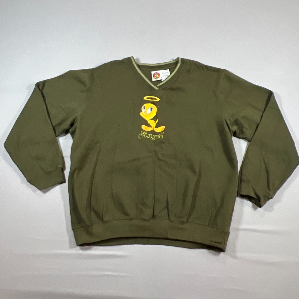 Warner Bros. Looney Tunes Sweater Womens XL Olive Green Tweety Print Ribbed Trim